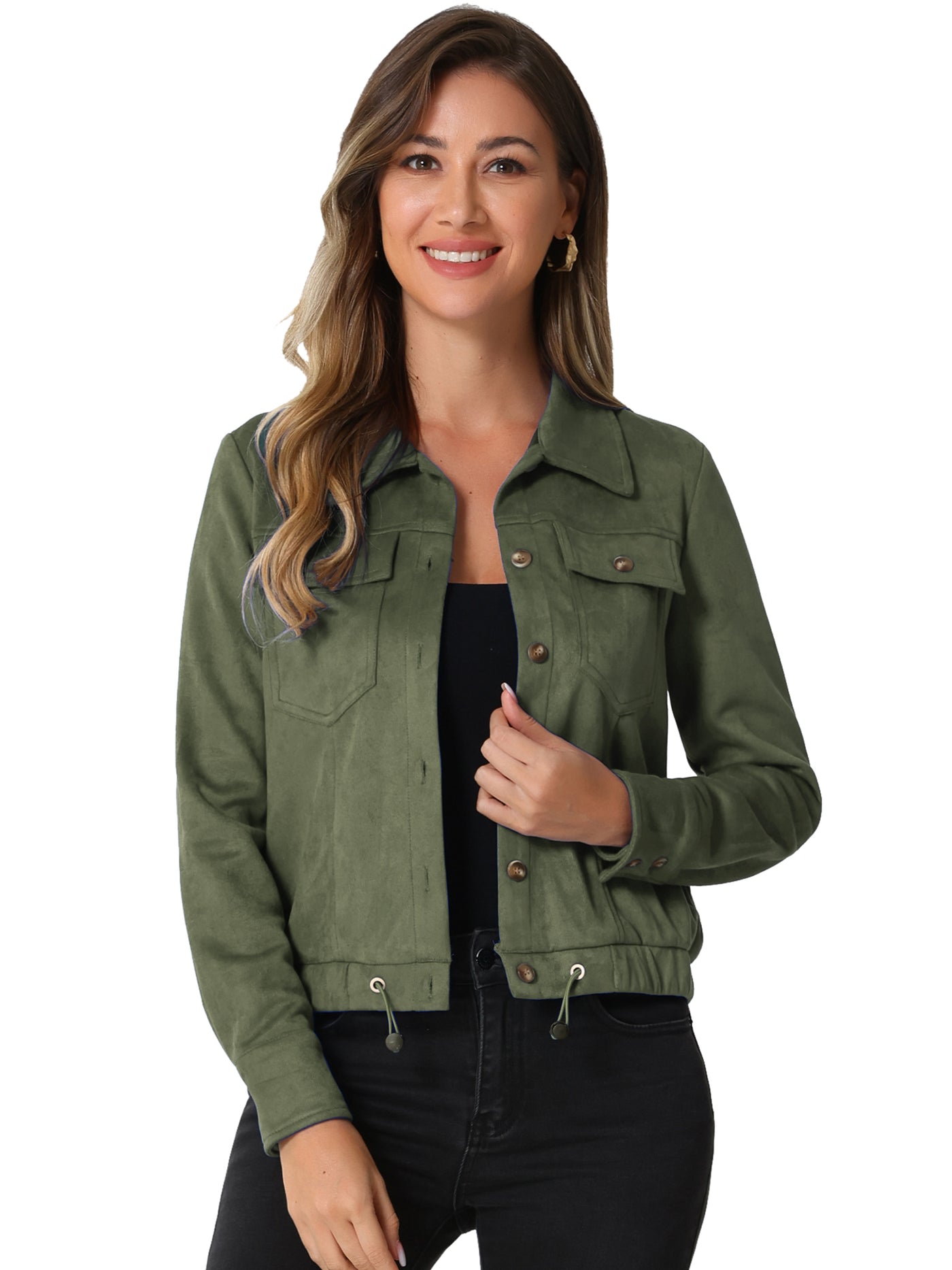 Allegra K Faux Suede Point Collar Button Down Cropped Moto Biker Jacket