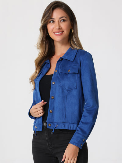 Faux Suede Point Collar Button Down Cropped Moto Biker Jacket