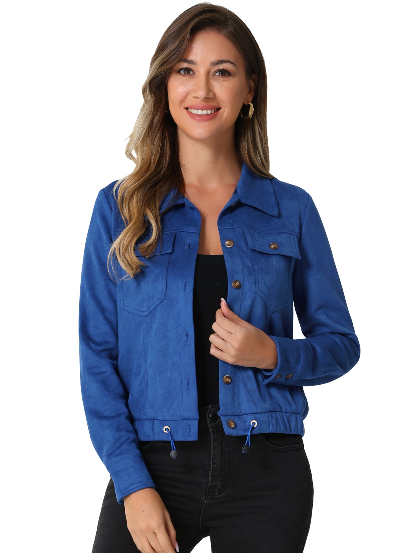 Allegra K Faux Suede Point Collar Button Down Cropped Moto Biker Jacket