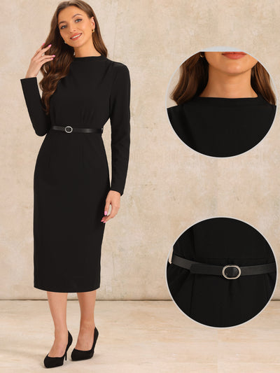 Solid Color Belted Long Sleeves Work Midi Sheath Dress