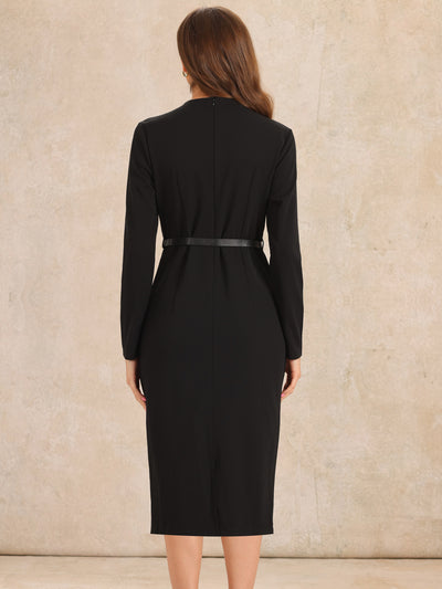 Solid Color Belted Long Sleeves Work Midi Sheath Dress