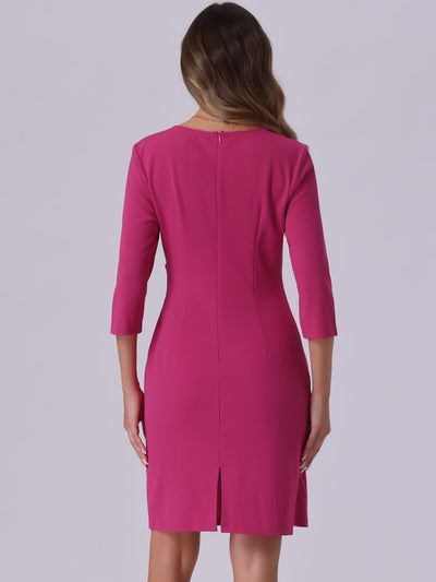 3/4 Sleeve Solid Color Ruched V Neck Midi Sheath Dress