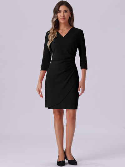 3/4 Sleeve Solid Color Ruched V Neck Midi Sheath Dress