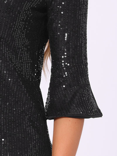 Sequin 3/4 Bell Sleeve V Neck Sparkly Glitter Party Blouse