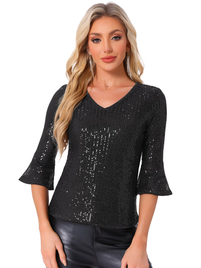 Sequin 3/4 Bell Sleeve V Neck Sparkly Glitter Party Blouse