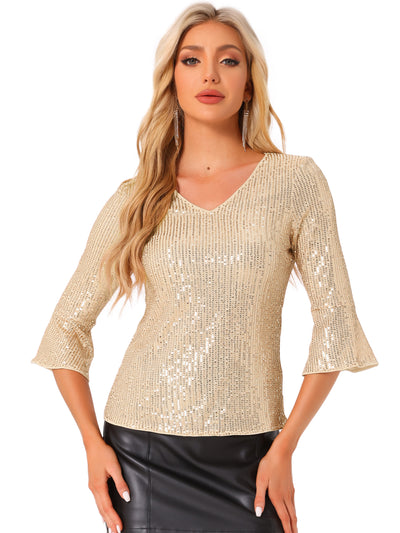 Sequin 3/4 Bell Sleeve V Neck Sparkly Glitter Party Blouse