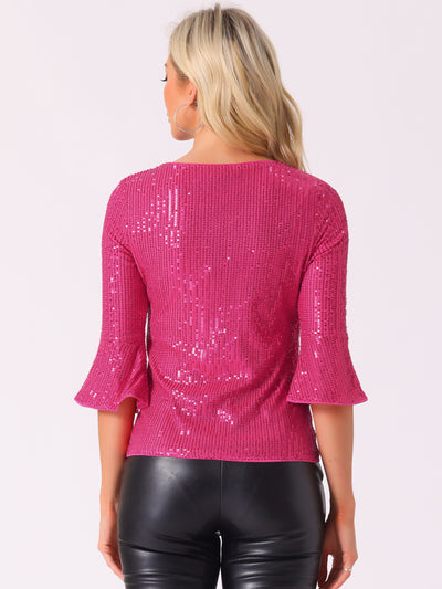 Sequin 3/4 Bell Sleeve V Neck Sparkly Glitter Party Blouse