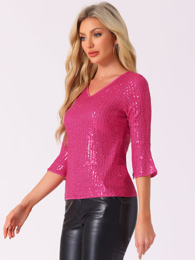 Sequin 3/4 Bell Sleeve V Neck Sparkly Glitter Party Blouse