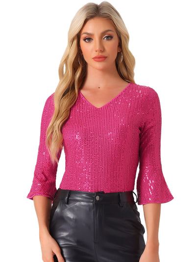 Sequin 3/4 Bell Sleeve V Neck Sparkly Glitter Party Blouse