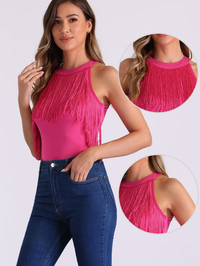 Party Sleeveless Halter Neck Fringe Trim Bodycon Bodysuit