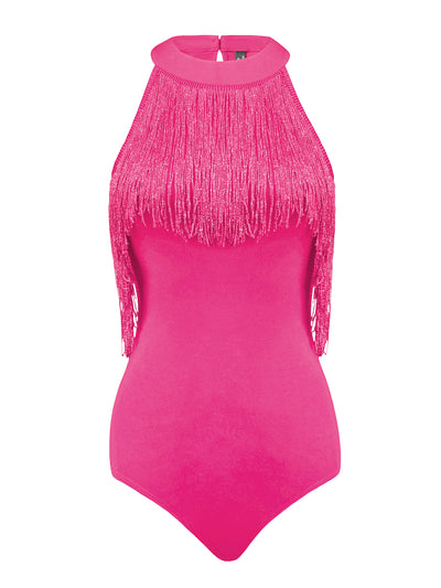 Party Sleeveless Halter Neck Fringe Trim Bodycon Bodysuit