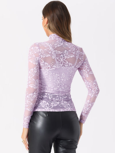 See Through Long Sleeve Turtleneck Sheer Floral Lace Blouse