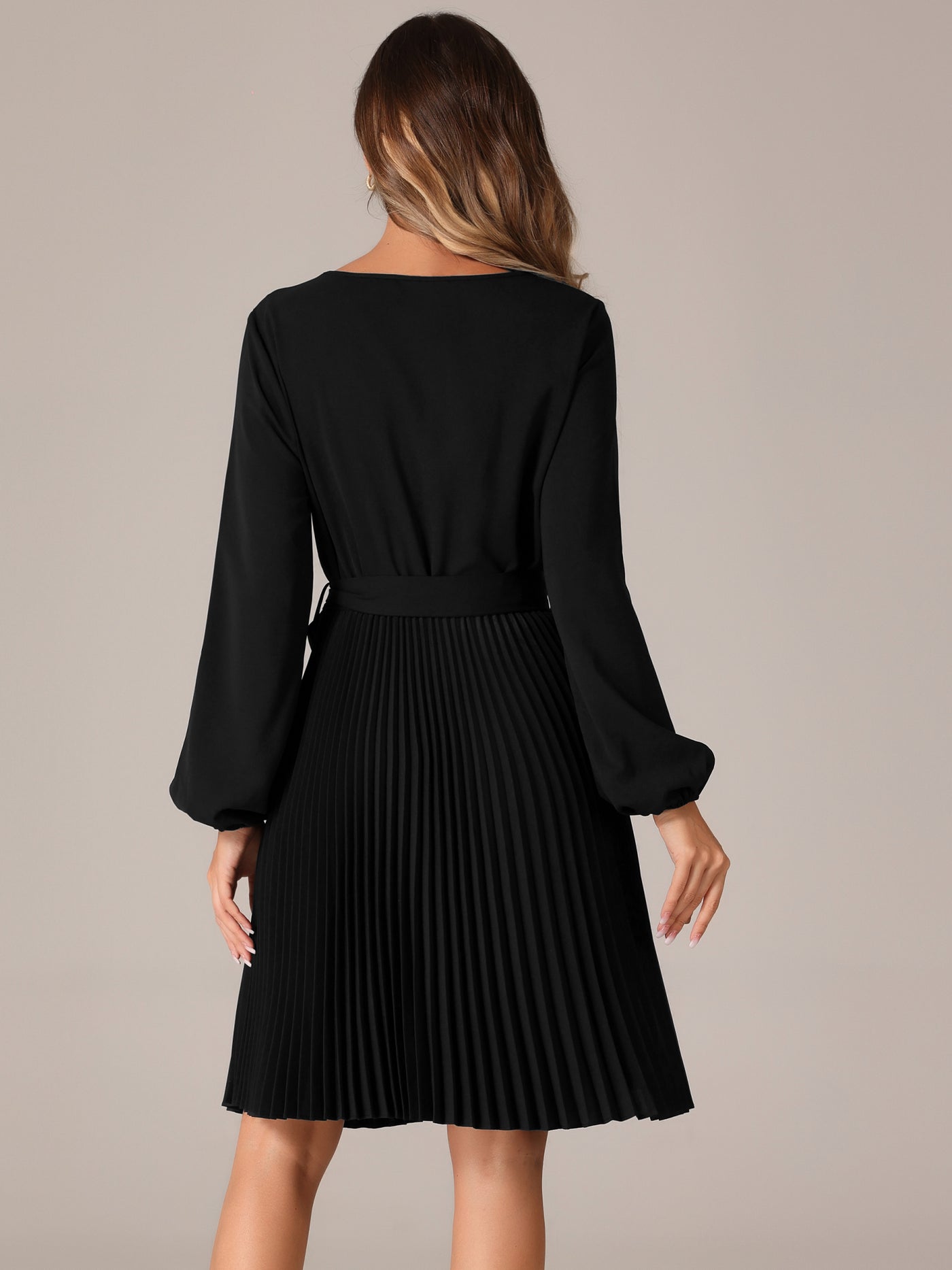 Allegra K Tie Waist V Neck Long Sleeve A-Line Pleated Midi Dress