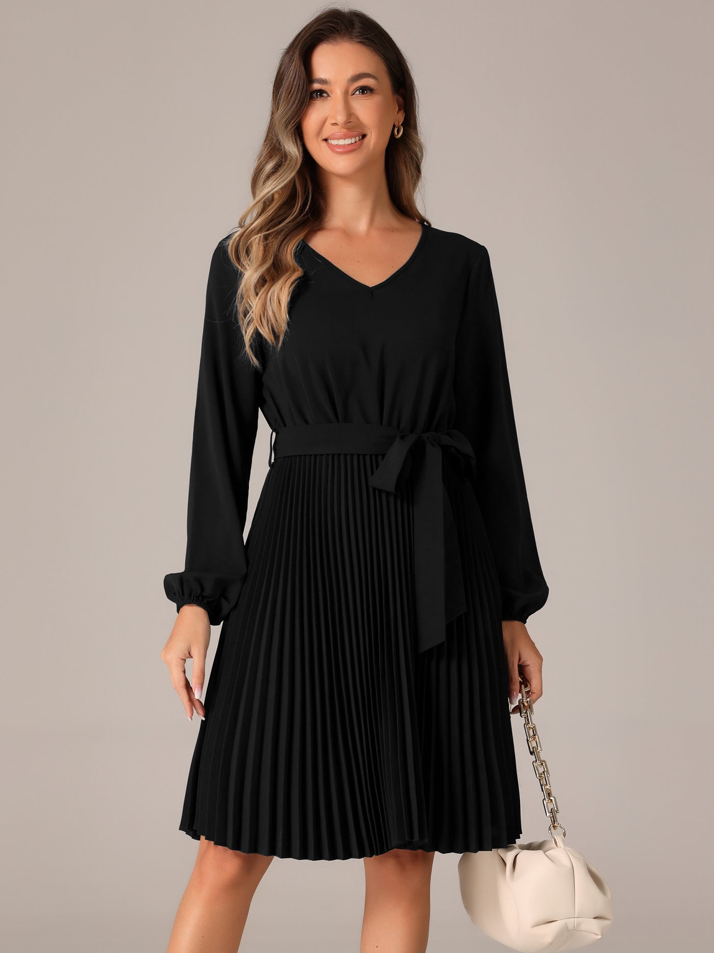 Allegra K Tie Waist V Neck Long Sleeve A-Line Pleated Midi Dress