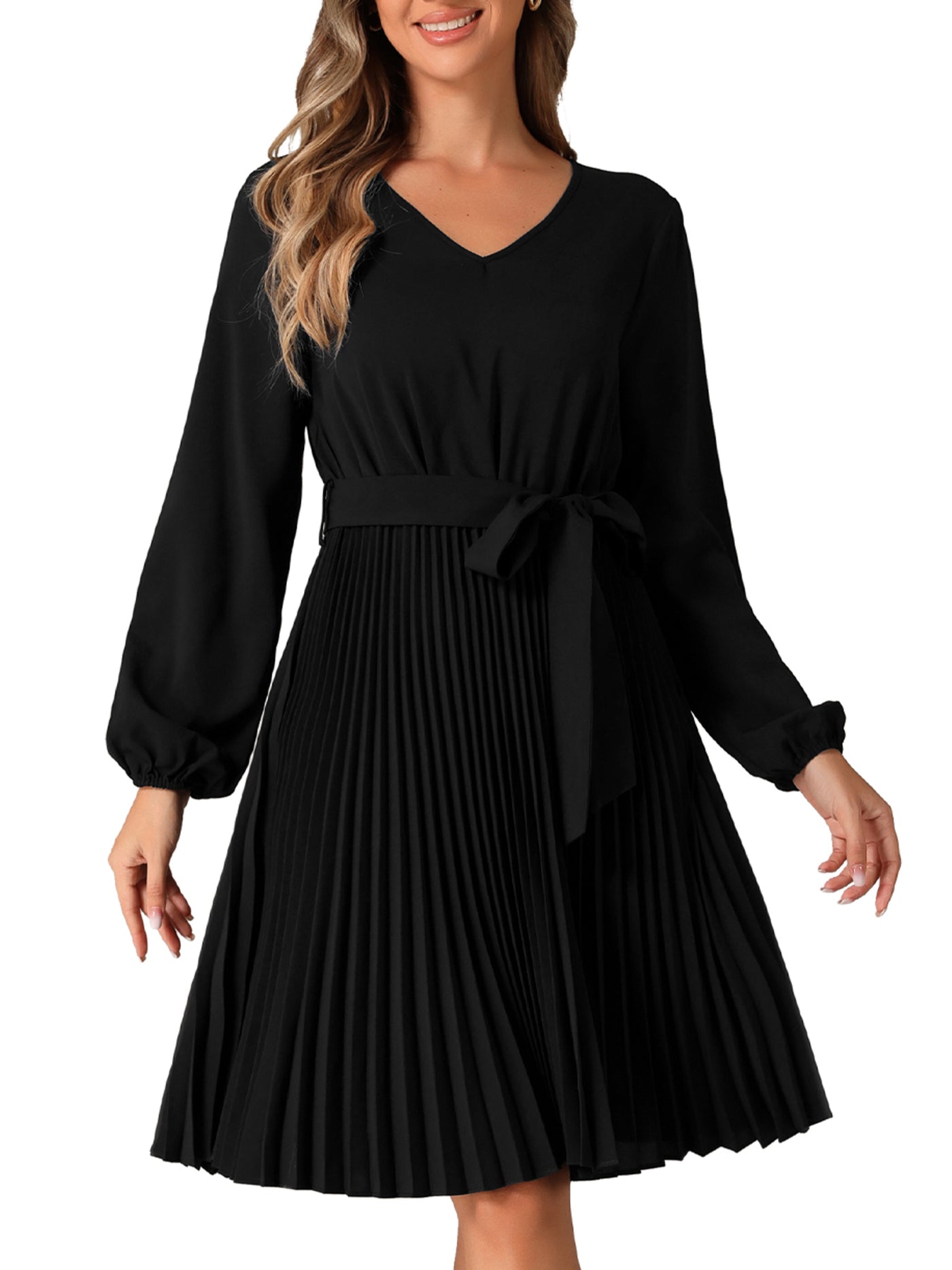 Allegra K Tie Waist V Neck Long Sleeve A-Line Pleated Midi Dress