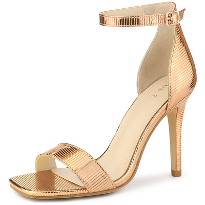 Women's Textured Square Toe Buckle Ankle Strap Stiletto Heel Sandals