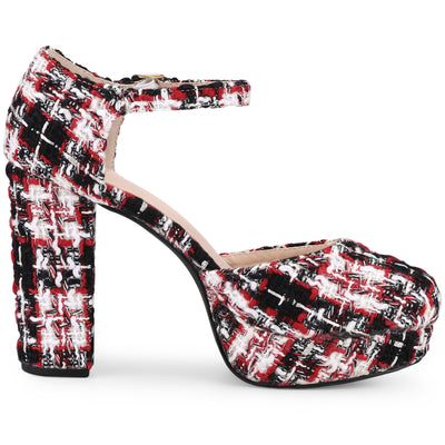 Women's Plaid Platform Ankle Strap Chunky Heel Mary Jane Pumps