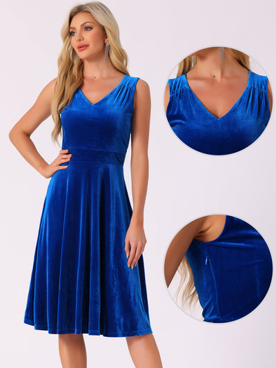 Sleeveless Velvet Ruched High Waist V Neck A-Line Midi Dress