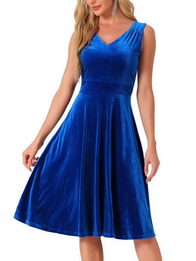 Sleeveless Velvet Ruched High Waist V Neck A-Line Midi Dress