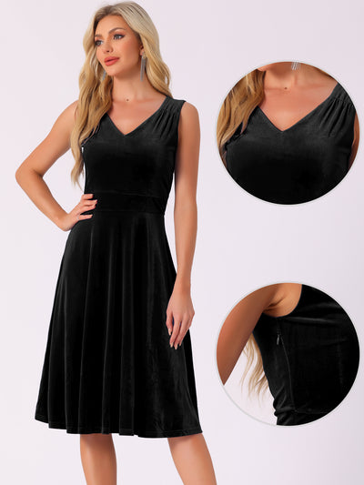 Sleeveless Velvet Ruched High Waist V Neck A-Line Midi Dress