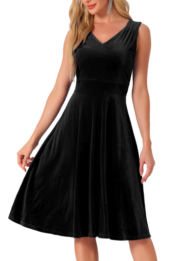 Sleeveless Velvet Ruched High Waist V Neck A-Line Midi Dress