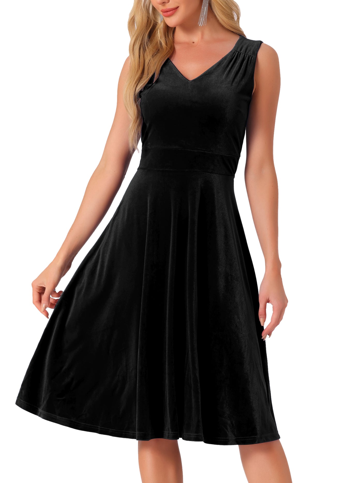 Allegra K Sleeveless Velvet Ruched High Waist V Neck A-Line Midi Dress