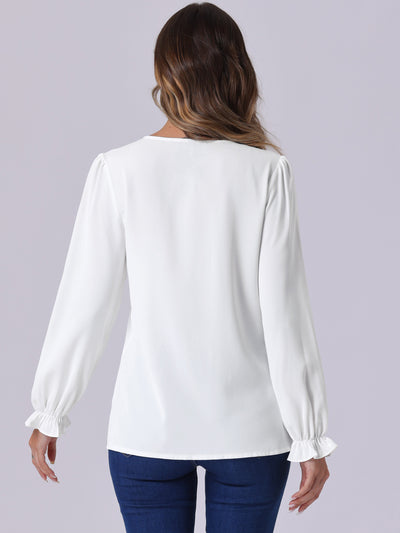 Notch Neck Pleated Long Sleeve Casual Blouse