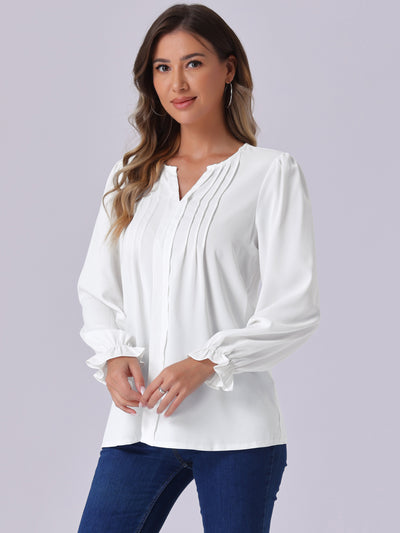 Notch Neck Pleated Long Sleeve Casual Blouse