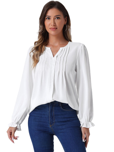 Notch Neck Pleated Long Sleeve Casual Blouse