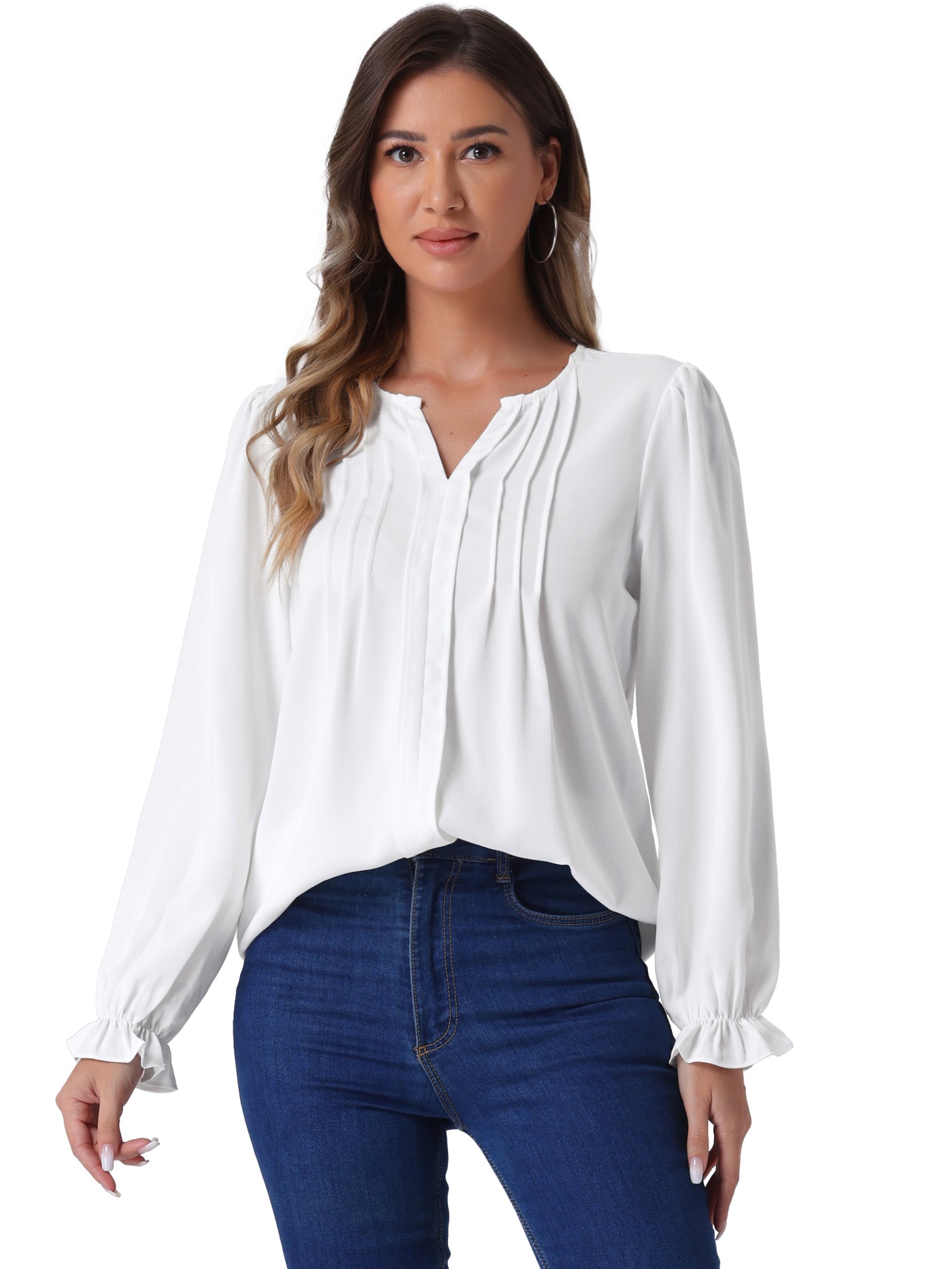 Allegra K Notch Neck Pleated Long Sleeve Casual Blouse