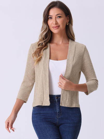 Open Front 3/4 Sleeves Knit Casual Cropped Cardigan