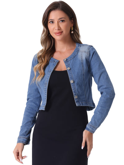 Denim Collarless Long Sleeve Button Down Crop Jean Jacket