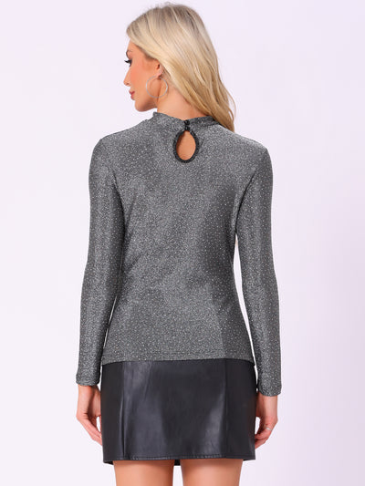 Glitter Sparkle Mock Neck Cut Out Long Sleeve Party Tops