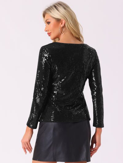 Sequin Glitter Round Neck Long Sleeve Party Blouse Tops