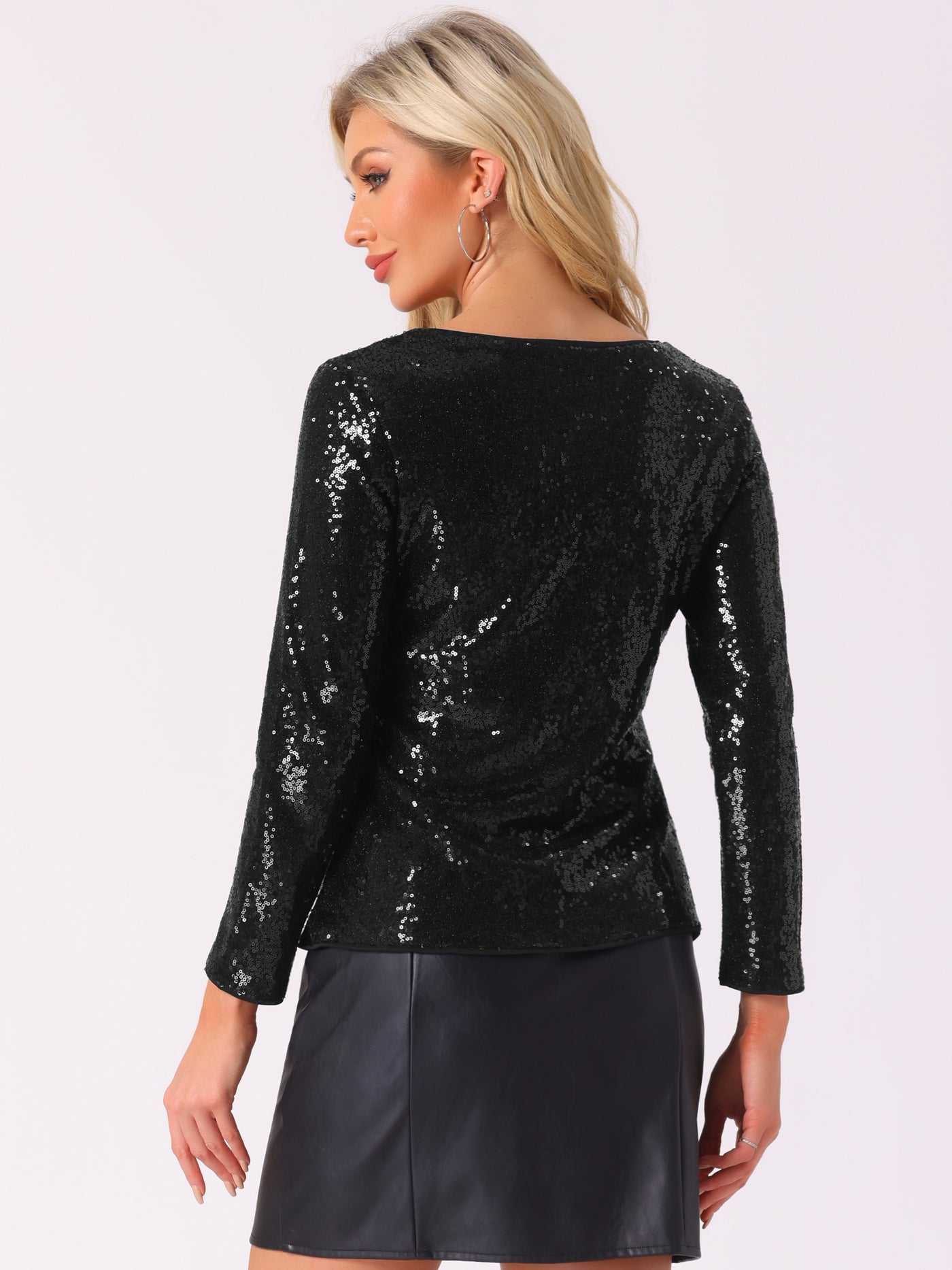 Allegra K Sequin Glitter Round Neck Long Sleeve Party Blouse Tops