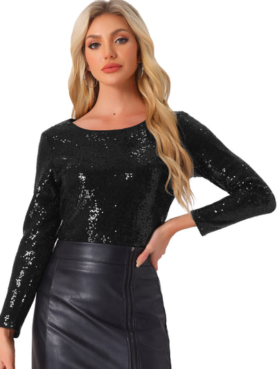 Sequin Glitter Round Neck Long Sleeve Party Blouse Tops