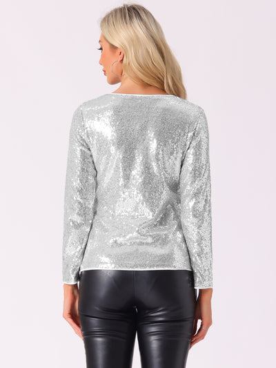 Sequin Glitter Round Neck Long Sleeve Party Blouse Tops