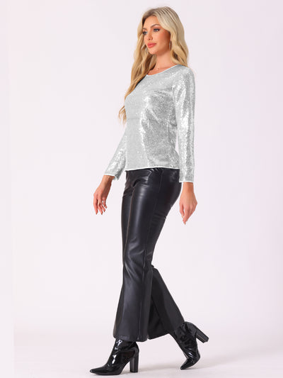 Sequin Glitter Round Neck Long Sleeve Party Blouse Tops