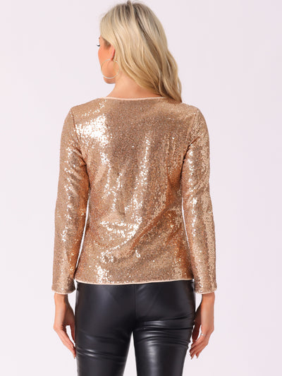 Sequin Glitter Round Neck Long Sleeve Party Blouse Tops