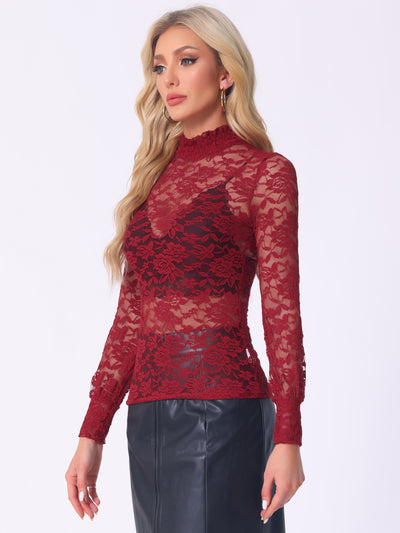 See Through Stretch Tops Smocked High Neck Long Sleeve Lace Blouse