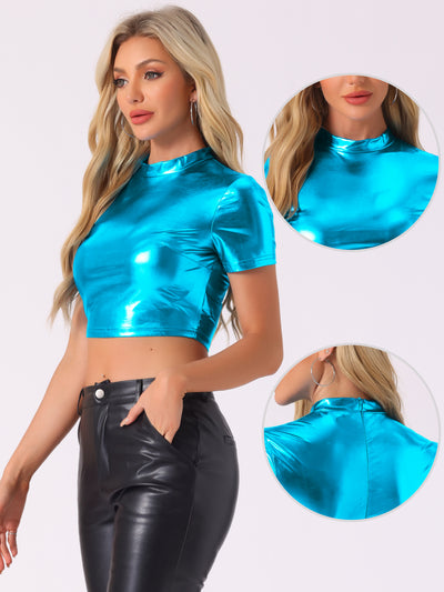 Sparkle Party Tops Short Sleeve Mock Neck Metallic Crop Top