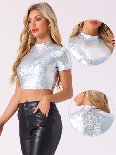 Sparkle Party Tops Short Sleeve Mock Neck Metallic Crop Top