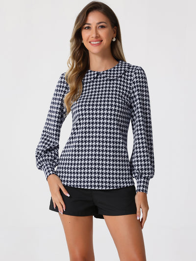 Peter Pan Collar Houndstooth Plaid Long Sleeve Button Back Blouse