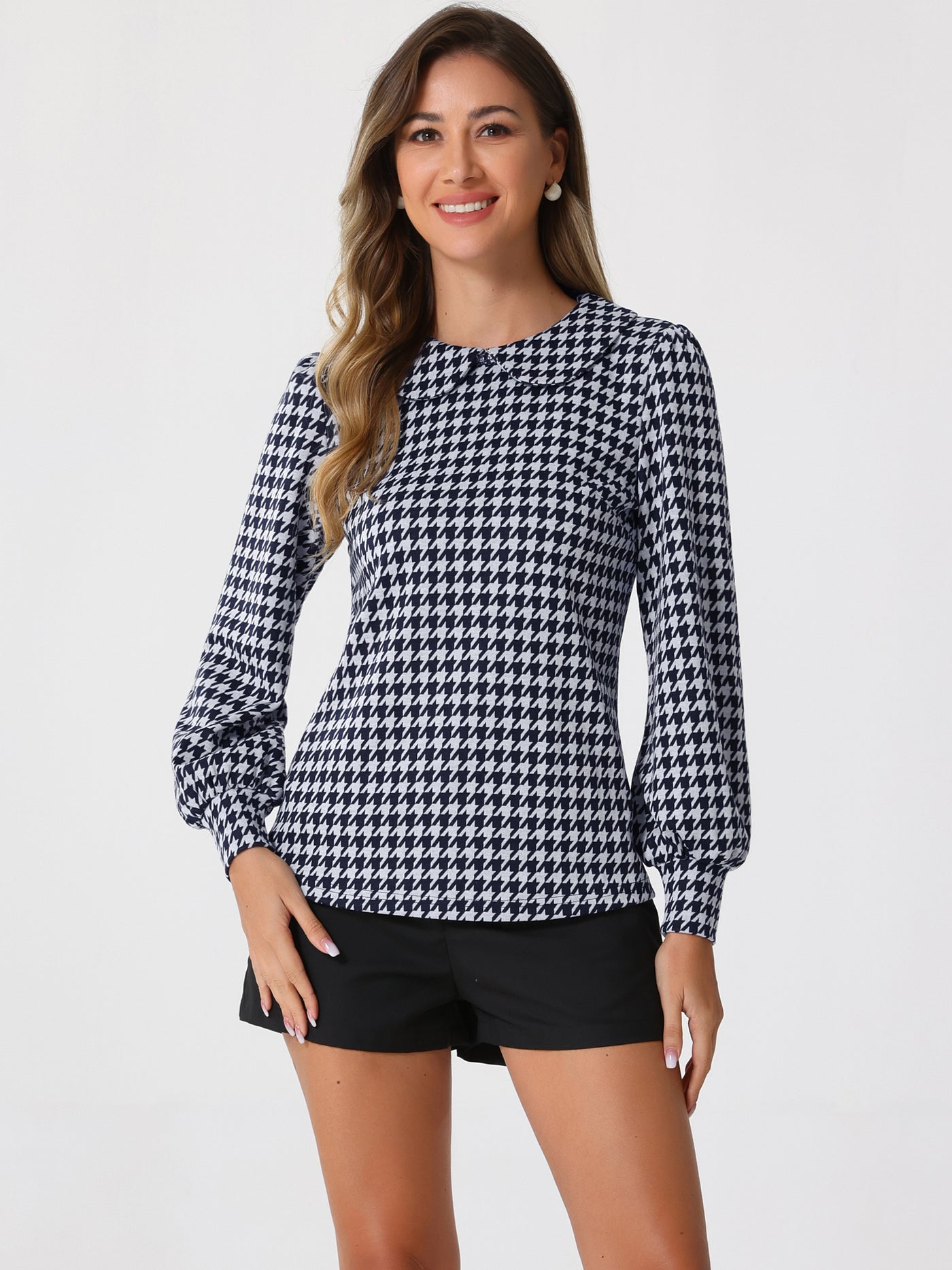 Allegra K Peter Pan Collar Houndstooth Plaid Long Sleeve Button Back Blouse