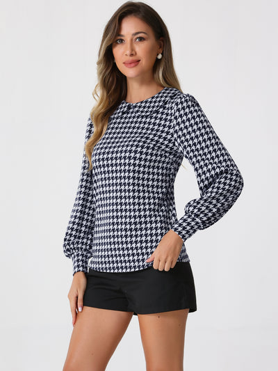 Peter Pan Collar Houndstooth Plaid Long Sleeve Button Back Blouse