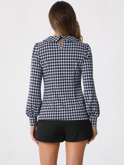 Peter Pan Collar Houndstooth Plaid Long Sleeve Button Back Blouse