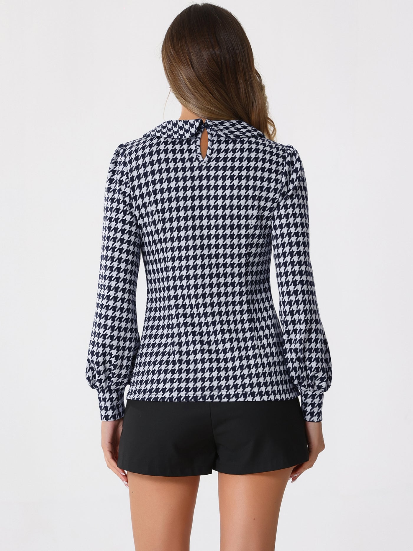 Allegra K Peter Pan Collar Houndstooth Plaid Long Sleeve Button Back Blouse