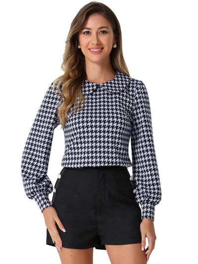 Peter Pan Collar Houndstooth Plaid Long Sleeve Button Back Blouse