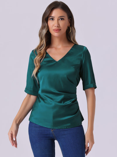 Satin Blouse V Neck Short Sleeve Tie Waist Ruched Elegant Work Tops