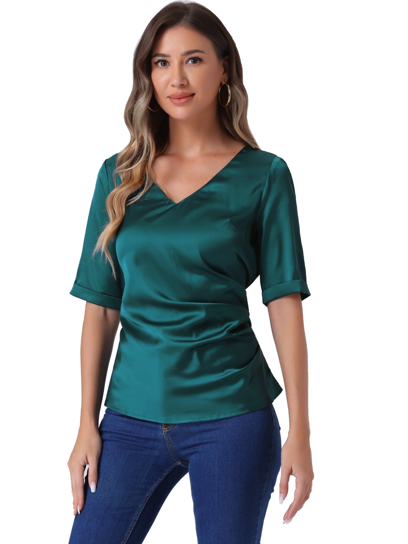 Allegra K Satin Blouse V Neck Short Sleeve Tie Waist Ruched Elegant Work Tops